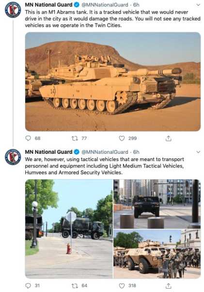 Minnesota National Guard deletes tweet saying it won’t send tanks into cities because it caused ‘more confusion’