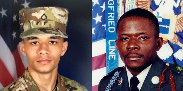 Pfc. Andrew Cashe (left) and his father, Alwyn Cashe (right), as a Staff Sgt. (U.S. Army)