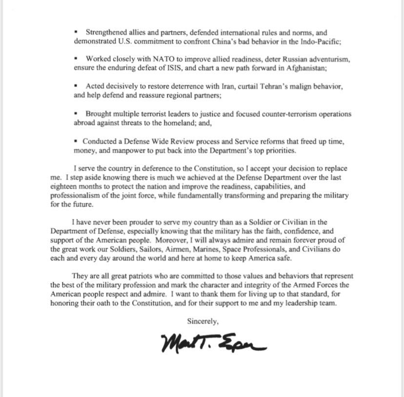 Read Mark Esper S Final Memo And Letter To President Donald Trump