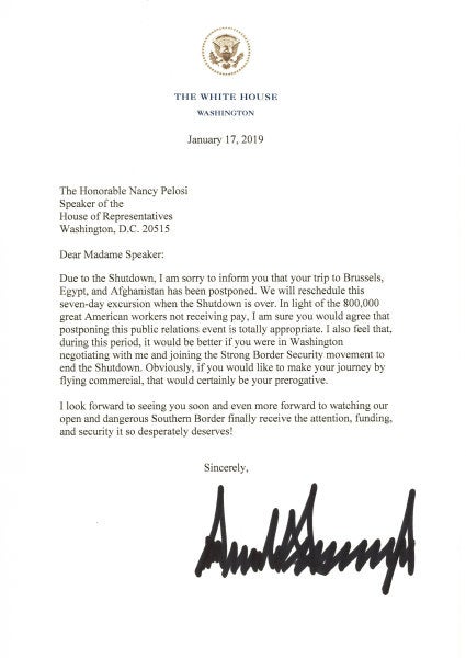 Trump Cancels Pelosi’s Trip To Afghanistan As Payback For State Of The Union Letter