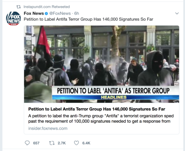 Plagiarized, Error-Riddled White House Petition To Designate Antifa A Terror Group Gets 200K Signatures