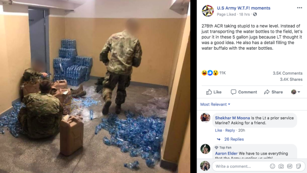 You’re probably having a better day than these soldiers tasked with filling water jugs with individual water bottles