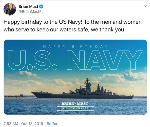 An Army vet turned Florida congressman wished the Navy a happy birthday with a photo of a Russian battlecruiser