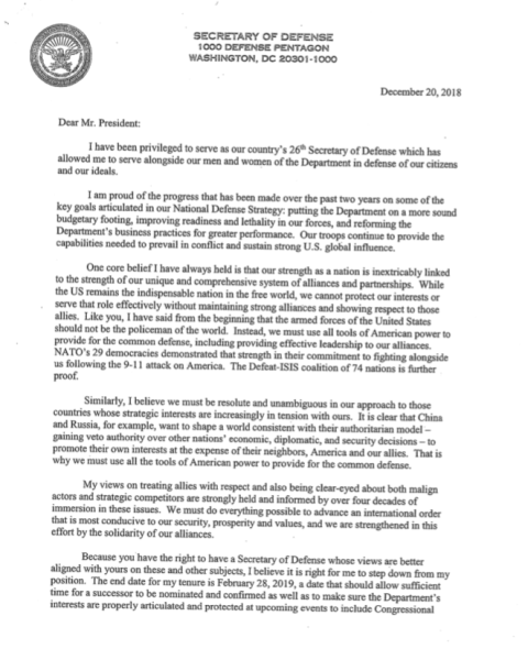 Read Secretary Mattis’ Letter Of Resignation
