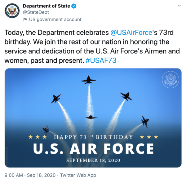 The State Department failed miserably in a now-deleted tweet that featured the Navy's Blue Angels instead of literally any other Air Force jet
