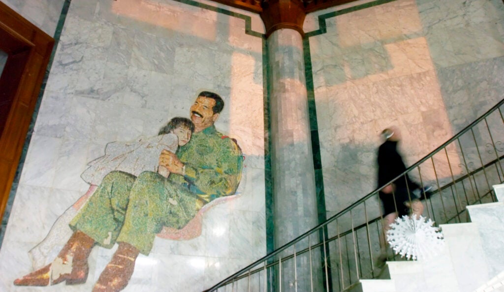 An interior of the palace in Mosul, Iraq, built for Saddam Hussein, but used mostly by his sons Uday and Qusay.  The mosiac is one of two along a staircase which both depict Saddam as a strong yet loving caregiver.