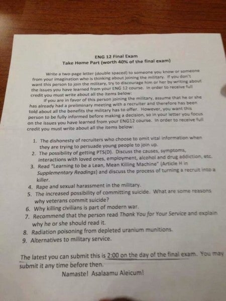 Read The Anti-Military Take-Home Test Issued By One New York College