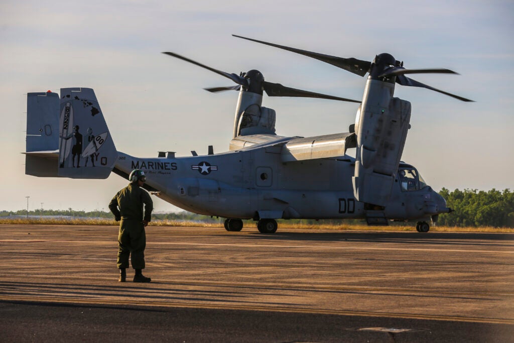 The MV-22 Osprey tilt-rotor aircraft at Royal Australian Air Force Base Darwin.  (U.S. Marine Corps/Sgt. Kayla Rivera)