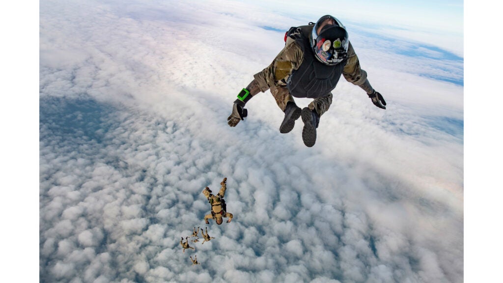 Navy explosive ordnance disposal technicians conduct free-fall jumps during flight operations with the Spanish navy in Rota, Spain, Feb. 13, 2020. (Navy photo / Navy Petty Officer 3rd Class Katie Cox)
