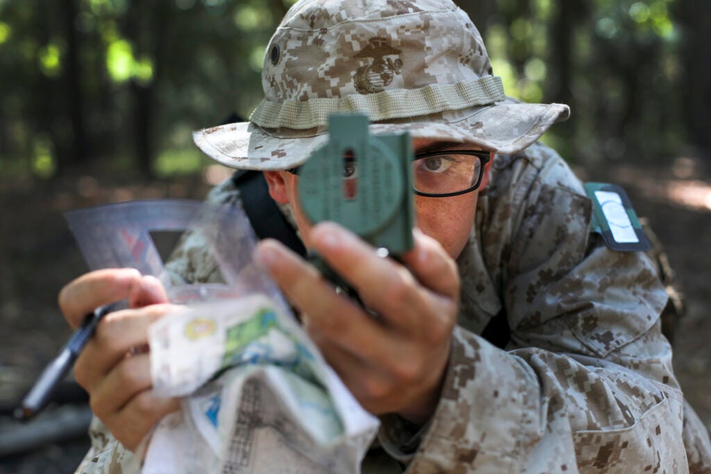 Recruits with Echo Company, 2nd Recruit Training Battalion, complete the land navigation course aboard Marine Corps Recruit Depot Parris Island, S.C, Sept. 24, 2019. Land navigation is part of Basic Warrior Training and is designed to teach recruits how to use a compass and map for navigation. (U.S. Marine Corps Photo by Lance Cpl. Ryan Hageali)