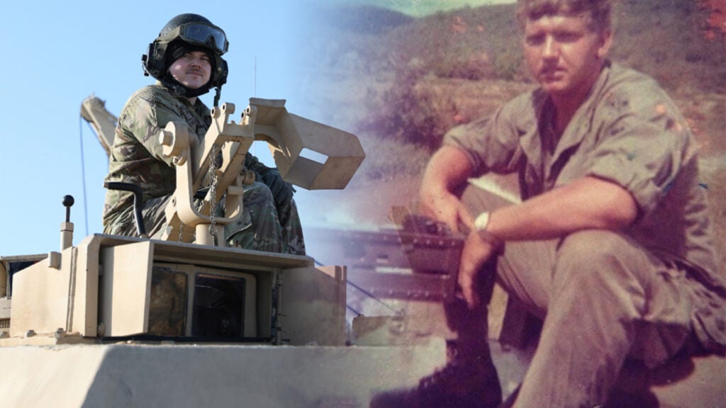 Cpl. Keaton Williamson and his grandfather Cpl. Ronald Brown pose on their respective tanks. Williamson's great grandfather served as a tanker during the Vietnam War. Williamson is one of several tankers in his family to have served in the Army. (Army photo illustration / Sgt. Alexandra Shea)