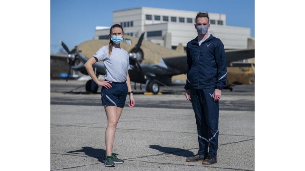 Air Force Uniform Office members 1st Lt. Avery Thomson and 2nd Lt. Maverick Wilhite put the updated versions of the Air Force physical training (PT) uniform through their paces at Wright-Patterson Air Force Base, Ohio, Feb. 25, 2021 (Air Force photo / Jim Varhegyi)