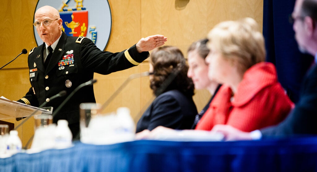 Maj. Gen. Gregg F. Martin, president of National Defense University, gives remarks during the Women in Peace and Security, a Perry Center forum, March 12, 2014, at National Defense University's Abraham Lincoln Hall Auditorium on the McNair portion of Joint Base Myer-Henderson Hall. The forum was a panel discussion about women's roles in peace and security of different nations. (Joint Base Myer-Henderson Hall PAO photo by Rachel Larue)