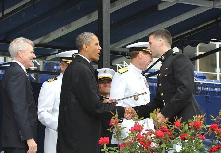 Paul Gainey receives his commission in the Marine Corps from the President of the United States in Annapolis, Maryland during the Naval Academy graduation ceremony on May 24, 2013. (Courtesy photo)