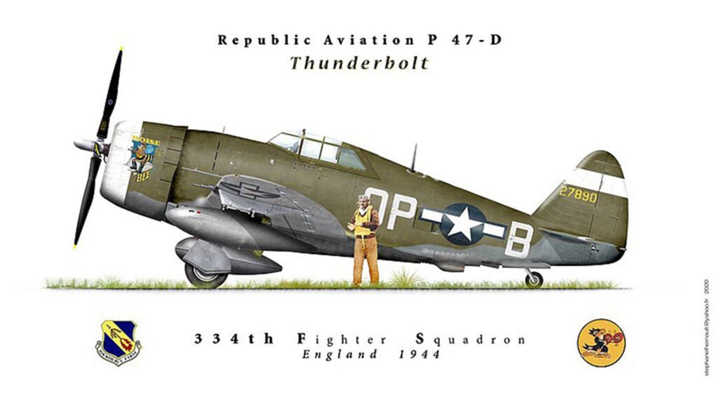 An illustration of a P-47D Thunderbolt of the 334th Fighter squadron in 1944. (Wikimedia Commons / Newresid)