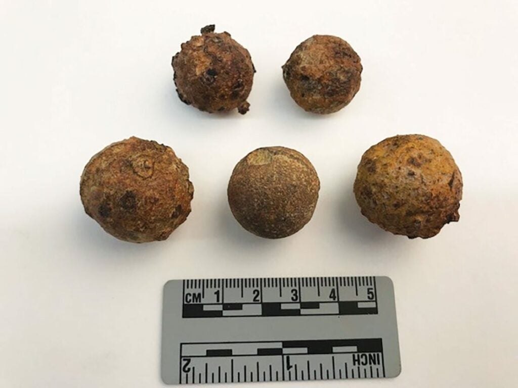 Image of case shot, fired out of light artillery in the 18th century, found by the AVAR team at Saratoga in 2019, courtesy of the National Park Service