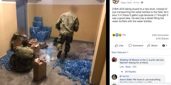 You’re probably having a better day than these soldiers tasked with filling water jugs with individual water bottles