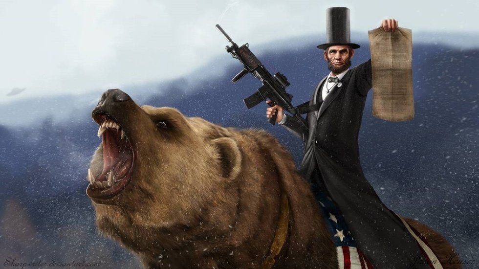 Abe Lincoln riding a grizzly