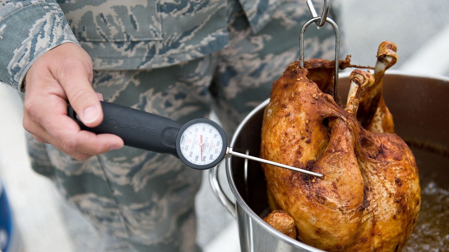 A thermometer is inserted into a turkey after it is removed from a turkey fryer Nov. 16, 2012, at Dover Air Force Base, Delaware. (Roland Balik/U.S. Air Force)