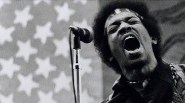 Jimi Hendrix performs at Golden Bear raceway in Sacramento, California on April 26, 1970.