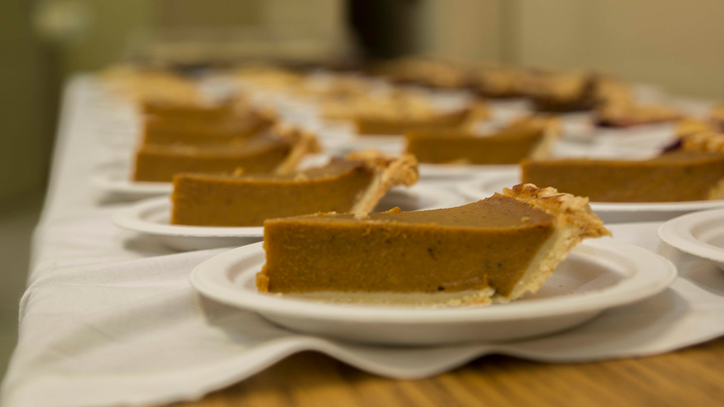 Pumpkin pie is staged Nov. 23 prior to a Thanksgiving feast set up by volunteers with Combat Logistics Regiment 35 for the second annual Thanksgiving celebration with the residents and staff of the Tai Chu En Children’s Home at the Camp Kinser Chapel. In America, it is a common tradition to have pumpkin pie for dessert after Thanksgiving dinner. For most of the children, it was there first time tasting pumpkin pie and also turkey. (U.S. Marine Corps photo by Lance Cpl. Rebecca Elmy/Released) 