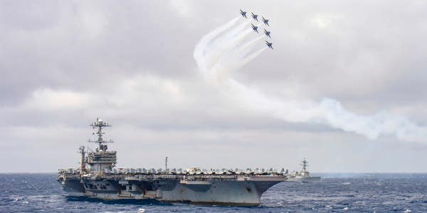 Watch the Blue Angels fly over a Navy aircraft carrier from inside the cockpit of an F/A-18 Hornet