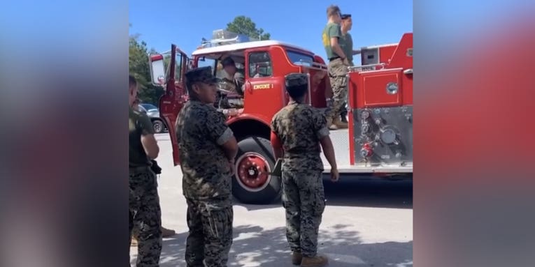 It looks like a US Marine bought a fire truck. And yes, that’s totally allowed
