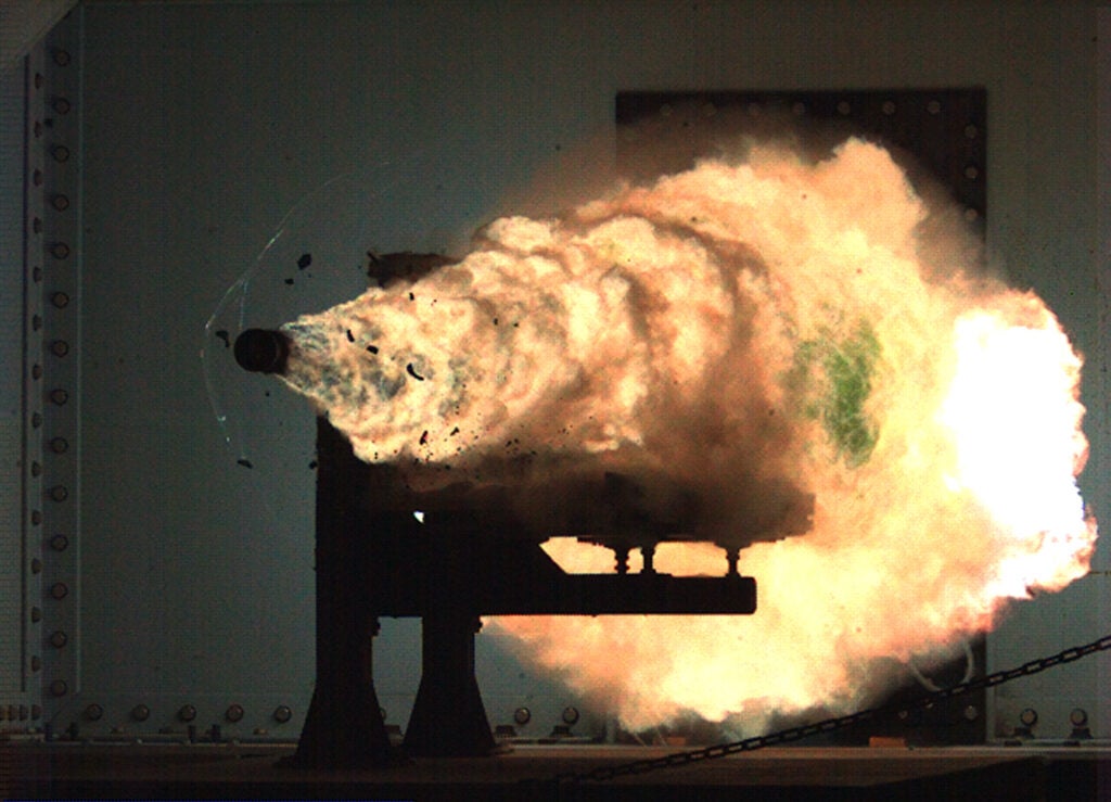 Photograph taken from a high-speed video camera during a record-setting firing of an electromagnetic railgun (EMRG) at Naval Surface Warfare Center, Dahlgren, Va., on January 31, 2008, firing at 10.64MJ (megajoules) with a muzzle velocity of 2520 meters per second