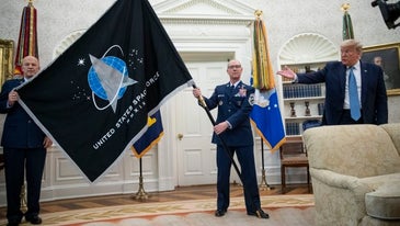 A White House ceremony unveiled the new US Space Force flag, which has been mocked as a ‘Star Trek’ rip-off