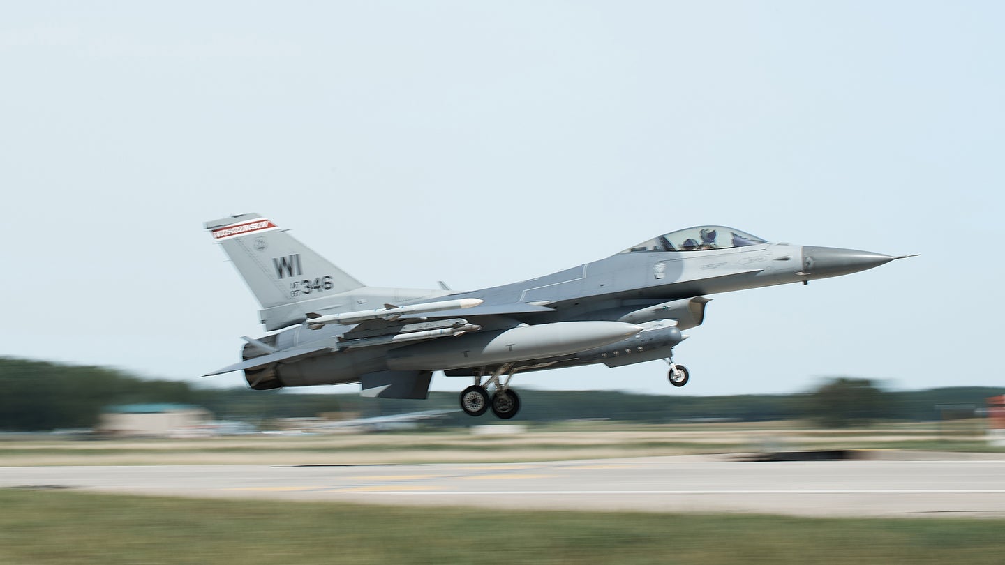 A F-16 Fighting Falcon assigned to the 115th Fighter Wing, Wisconsin Air National Guard, lands after a training mission during Northern Lightning 2020 at Volk Field, Wisc., Aug. 12, 2020. Northern Lightning is held annually at Volk Field and is a joint-service exercise, where for 2020 the more than 1,000 Airmen and civilians from the 158th Fighter Wing, Vermont Air National Guard, 1st Fighter Wing from Joint Base Langley-Eustis, Va., VFA-151 from Naval Air Station Lemoore, Calif., 115th Fighter Wing, Wisconsin Air National Guard and civilian contractor Draken International participated in flying simulated combat missions to practice 4th and 5th generation fighter integration. (U.S. Air National Guard photo by Tech. Sgt. Ryan Campbell)