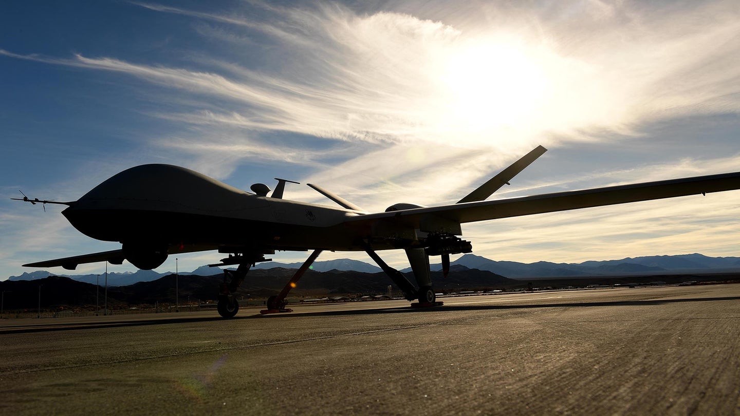 FILE: An MQ-9 Reaper sits on the flight line Nov. 22, 2016, at Creech Air Force Base, Nev. The Reaper is an evolution of the MQ-1 Predator and can carry four AGM-114 Hellfire missiles and two 500 pound bombs while being able to fly for 18-24 hour missions. (U.S. Air Force photo by Senior Airman Christian Clausen)