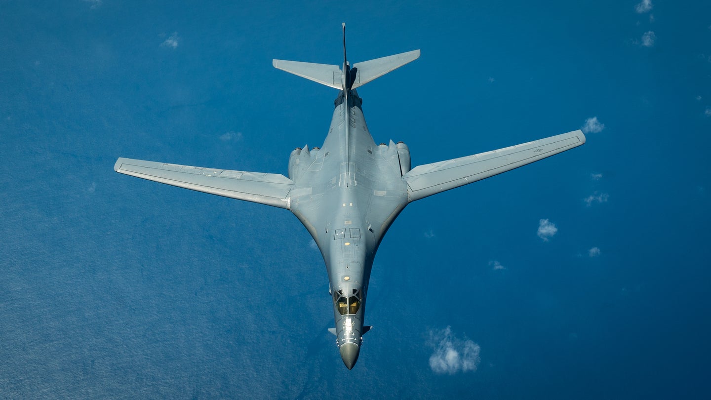 A U.S. Air Force B-1B Lancer assigned to the 37th Expeditionary Bomb Squadron, deployed from Ellsworth Air Force Base, S.D. to Andersen AFB, Guam, flies a training mission over the Pacific Ocean Aug. 16, 2017. During the mission two B-1s were joined by Japan Air Self-Defense Force F-15s in the vicinity of the Sankaku Islands. These training flights with Japan demonstrate the solidarity and resolve we share with our allies to preserve peace and security in the Indo-Asia-Pacific. (U.S. Air Force photo/Staff Sgt. Joshua Smoot)