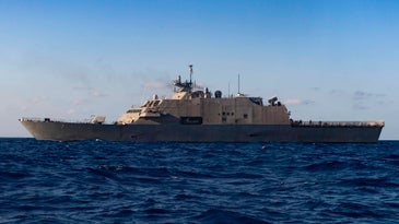The Freedom-class littoral combat ship USS Detroit (LCS 7) sails through the Caribbean Sea. During the deployment to the U.S. Southern Command's area of responsibility, Detroit, with embarked helicopter and USCG law enforcement detachment, will support Joint Interagency Task Force South's mission, which includes counter-illicit drug trafficking in the Caribbean and Eastern Pacific. (U.S. Navy photo by Mass Communication Specialist 2nd Class Anderson W. Branch/Released)