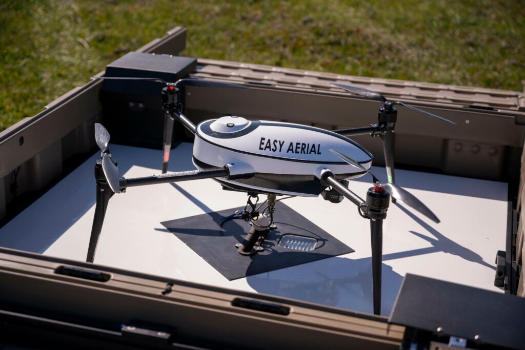 The 60th Air Mobility Wing Security Forces tests a new patrolling drone at Travis Air Force Base, California, Feb. 25, 2020. The drone would give security forces Airmen an option for quick response to various scenarios or events on Travis AFB. (U.S. Air Force photo by Nicholas Pilch)