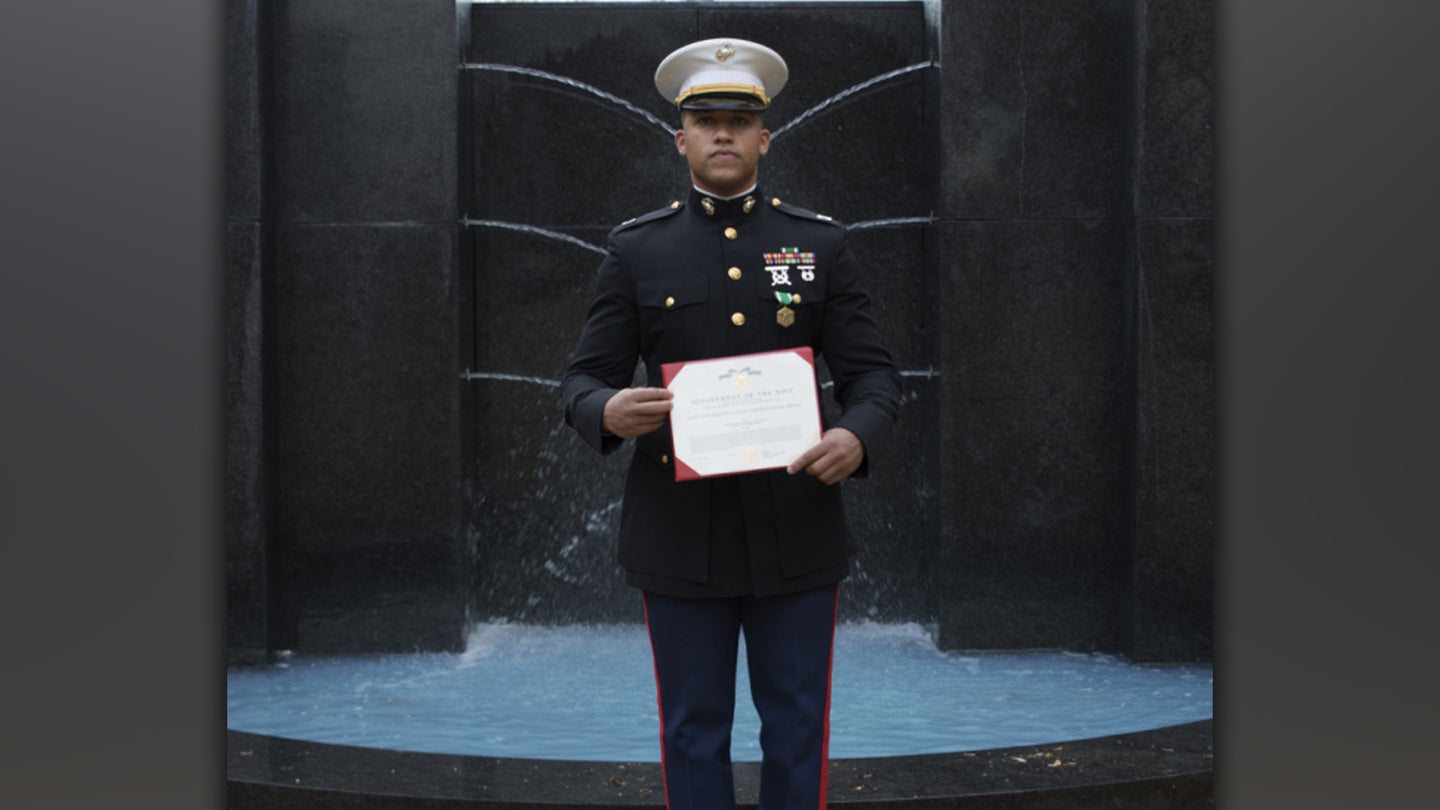 U.S. Marine Captain Stephen Alexander, Executive Officer, Recruiting Station Dallas, 8th Marine Corps District, Western Recruiting Region, Marine Corps Recruiting Command was awarded, December 11th, 2020, for his actions in assisting a civilian while driving to the 244th Marine Corps Ball in Elora, Calif in 2019