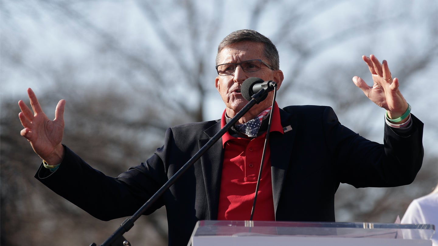 Former National Security Advisor Michael Flynn speaks at the Women for America First March for Trump Rally at Freedom Plaza, Saturday, Dec. 12, 2020
