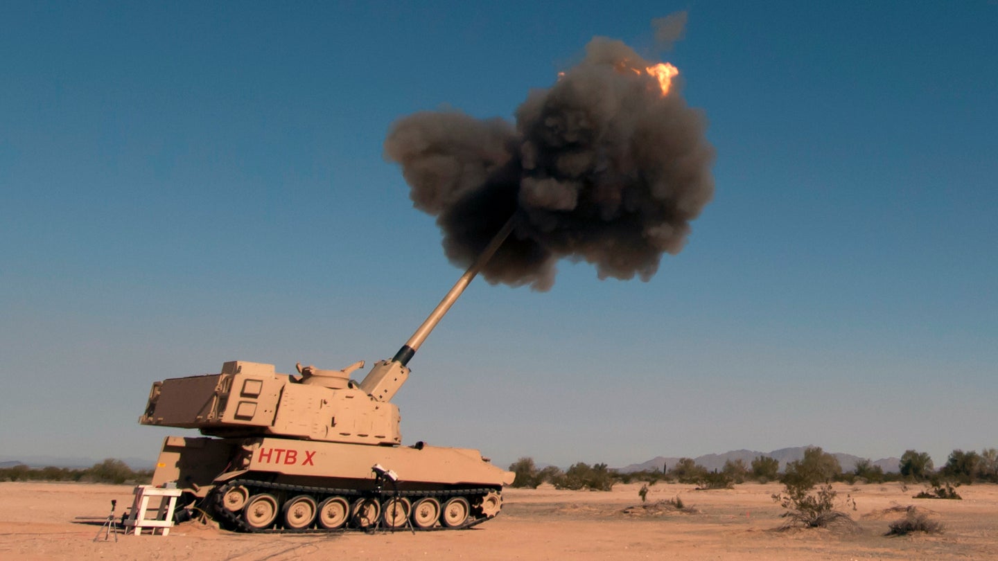 A photo from  U.S. Army Yuma Proving Ground in Arizona, showing developmental testing of multiple facets of the Extended Range Cannon Artillery project. (U.S. Army)