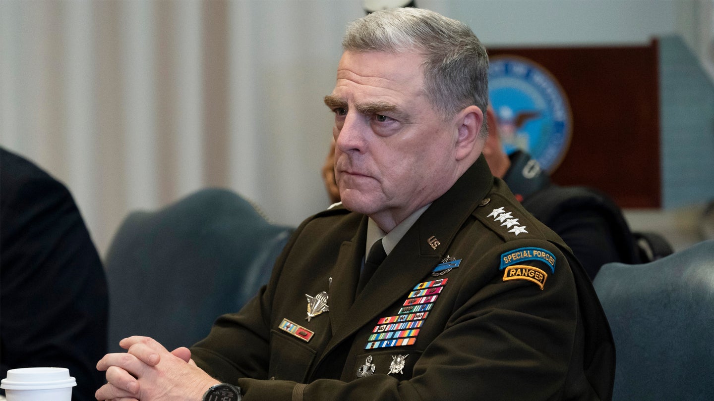 Joint Chiefs Chairman Gen. Mark Milley listens before a meeting with Secretary of Defense Mark Esper and Israeli Defense Minister Benny Gantz, at the Pentagon in Washington, Sept. 22, 2020.