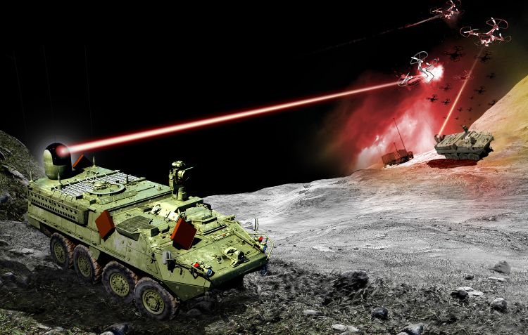A Northrop Grumman photo illustration of the defense contractor's Stryker-mounted laser weapon in action.