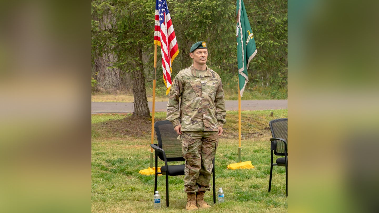 Col. Owen G. Ray, outgoing commander, 1st Special Forces Group (Airborne) during the 1st SFG (A) change of command ceremony July 9, 2020, at Joint Base Lewis-McChord, Washington. (U.S. Army/Pfc. Gaozong Lee)