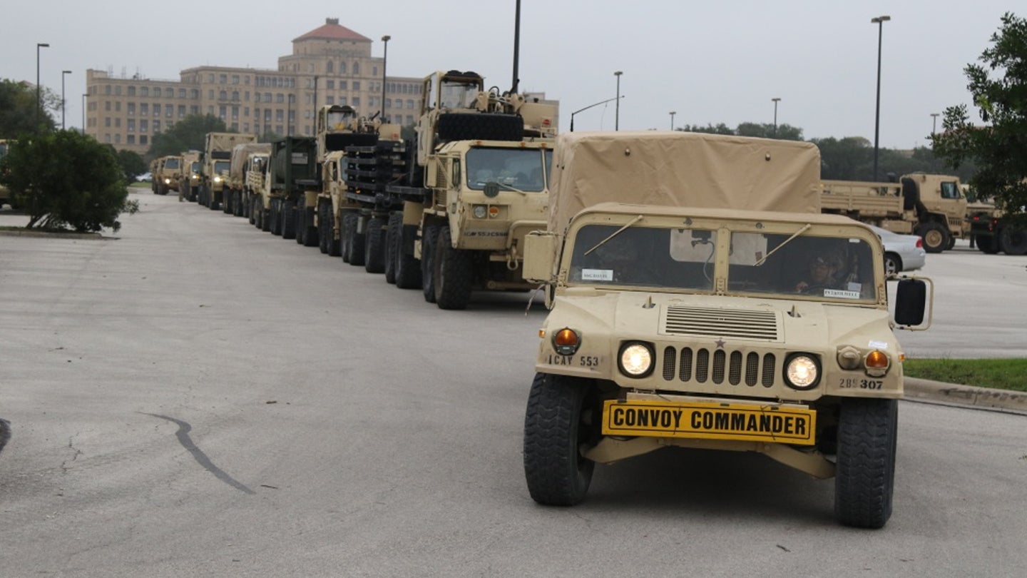 Soldiers from the 289th Quartermaster Company, 553rd Combat Sustainment Support Battalion, launch a convoy Nov. 5 from Fort Sam Houston in support of U.S Northern Command (Army photo / Master Sgt. Jacob Caldwell)