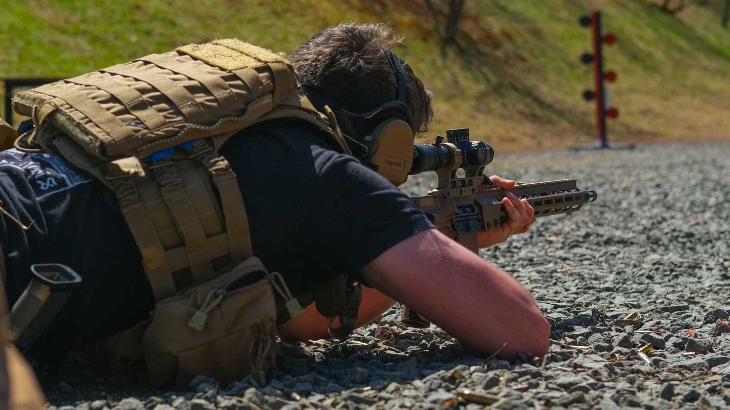 Michael Mayo of Vigilance Gun Club, engages targets at the 250 yard line during the 2022 Patriot Games in Hartwood, VA, wearing the Crye Precision AVS plate carrier.