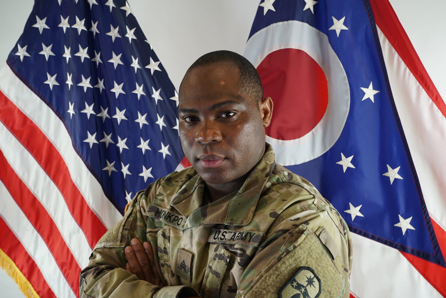 Sgt. Kouami Honkpo, an incentives specialist in the Ohio National Guard Education and Incentives Office, poses for a photo Feb. 24, 2020, at the Maj. Gen. Robert S. Beightler Armory in Columbus, Ohio. Although he has not yet deployed during his military career, Honkpo, who grew up in Togo, West Africa, said one of his motivations for joining the U.S. military was for the opportunity to help spread democracy and freedom throughout the world.