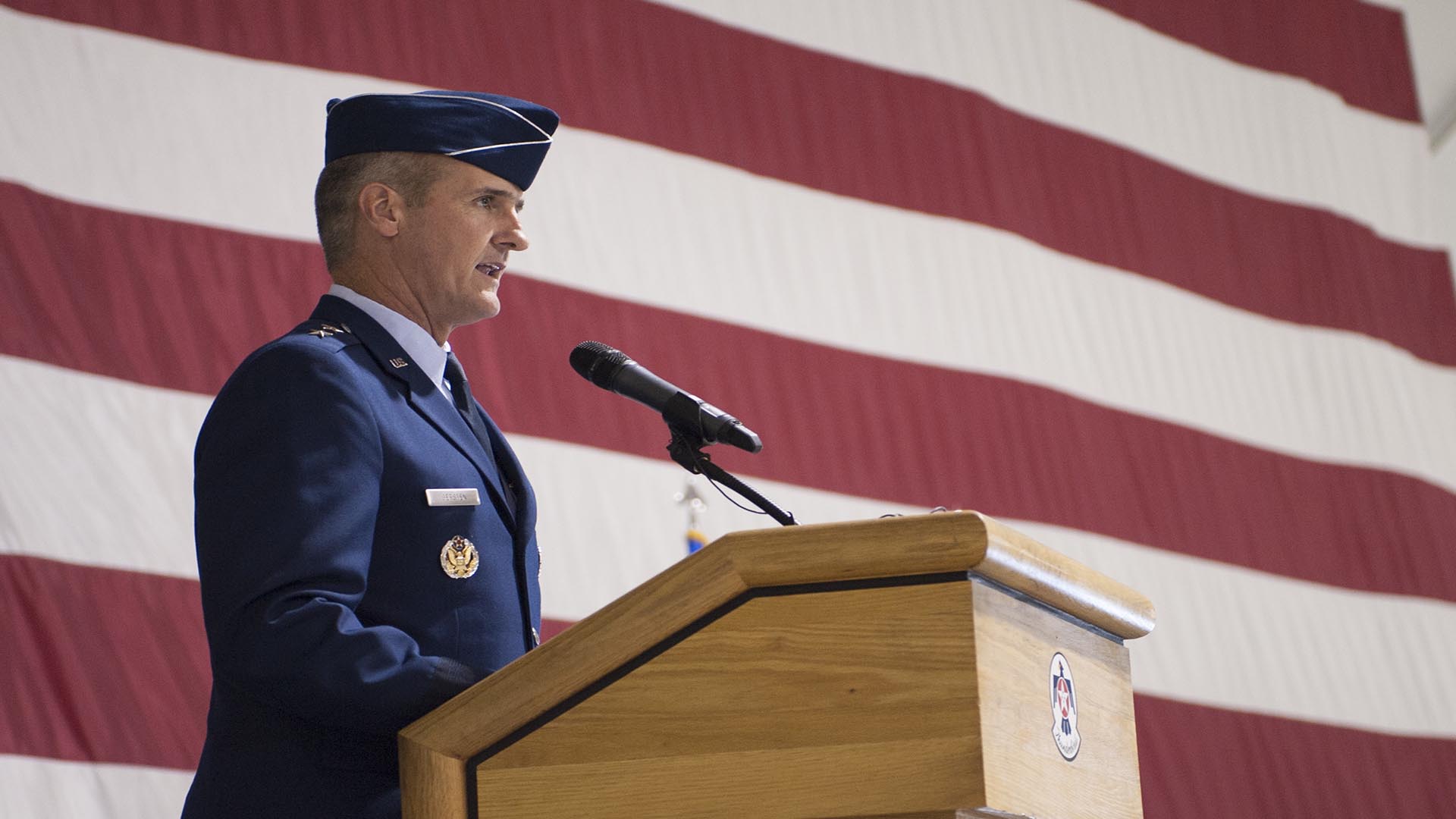 Maj. Gen. Peter Gersten addresses ceremony attendees shortly after taking command of the U.S. Air Force Warfare Center July 13, 2017 at Nellis Air Force Base, Nev. Gersten is a command pilot with more than 2,800 total flying hours in a variety of air frames; 400 of which were flown in combat over Iraq, Syria, Afghanistan and Bosnia. (U.S. Air Force photo by Senior Airman Joshua Kleinholz)