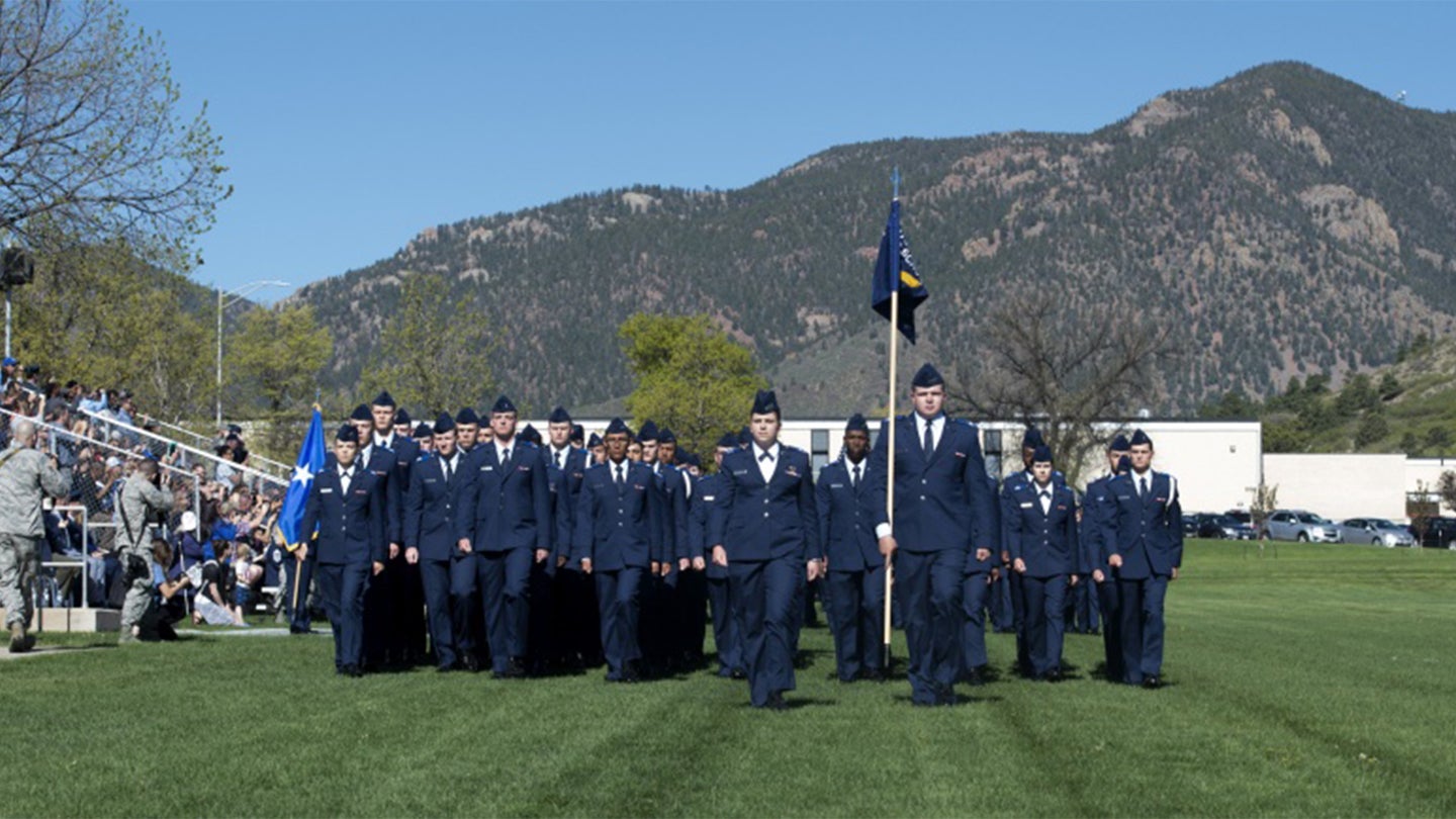 Cadet candidates exit a parade field during the Preparatory School Graduation Parade at U.S. Air Force Academy, Colo., May 16, 2018. Cadet candidates learn military leadership, developing command and control and demonstrating good order and discipline. (Air Force photo / Senior Airman Arielle Vasquez)
