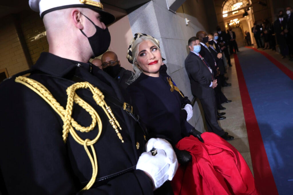 WASHINGTON, DC - JANUARY 20: Lady Gaga arrives to sing the National Anthem at the inauguration of U.S. President-elect Joe Biden on the West Front of the U.S. Capitol on January 20, 2021 in Washington, DC. During today's inauguration ceremony Joe Biden becomes the 46th president of the United States. (Photo by Win McNamee/Getty Images) | usage worldwide Photo by: Win McNamee/picture-alliance/dpa/AP Images