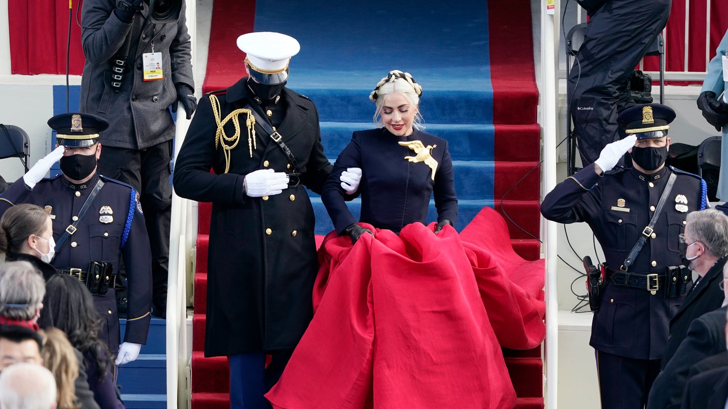 Lady Gaga arrives to sing the National Anthem during the 59th Presidential Inauguration at the U.S. Capitol in Washington, Wednesday, Jan. 20, 2021.