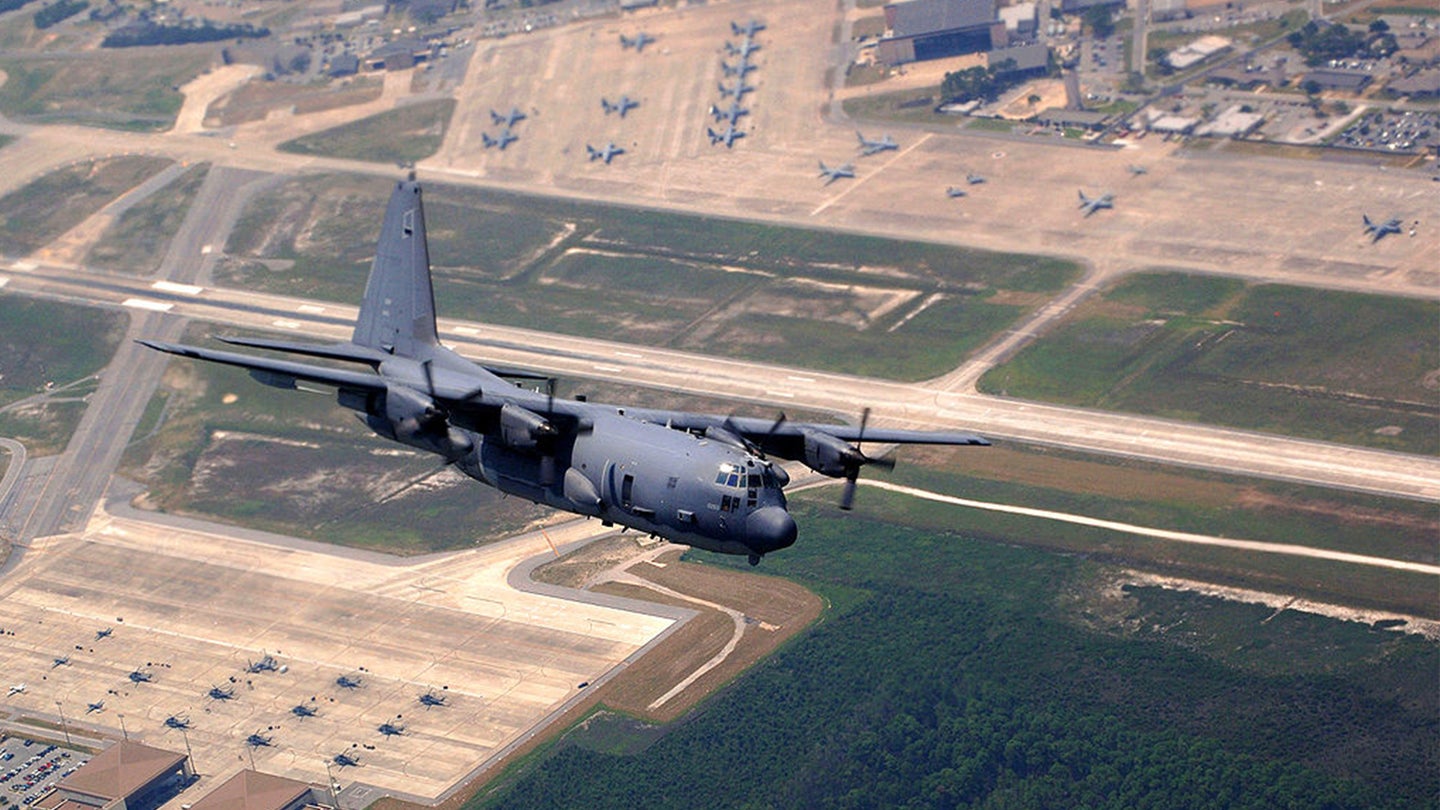 An AC-130U Spooky gunship from the 4th Special Operations Squadron flies over Hurlburt Field, Fla., on Aug. 24, 2007, during training. (Air Force photo / Airman 1st Class Emily S. Moore)