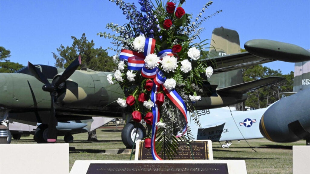 A memorial ceremony for Spirit 03 takes place at Hurlburt Field, Florida, Jan. 29, 2021. Spirit 03, an AC-130H Spectre gunship with 14 crewmembers, was shot down during the Battle of Khafji, resulting in the largest single loss by any Air Force unit during Operation Desert Storm. (Air Force photo / Senior Airman Miranda Mahoney)