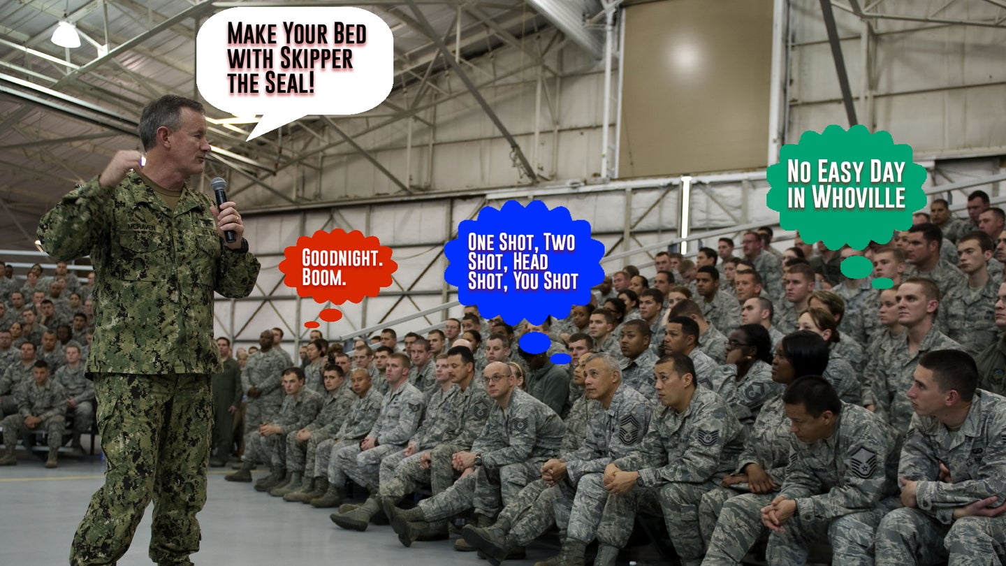 Task & Purpose photo composite showing U.S. Navy Adm. William McRaven as he speaks to enlisted personnel during an all-call at the Commando Hangar on Hurlburt Field, Fla., Jan. 31, 2012.